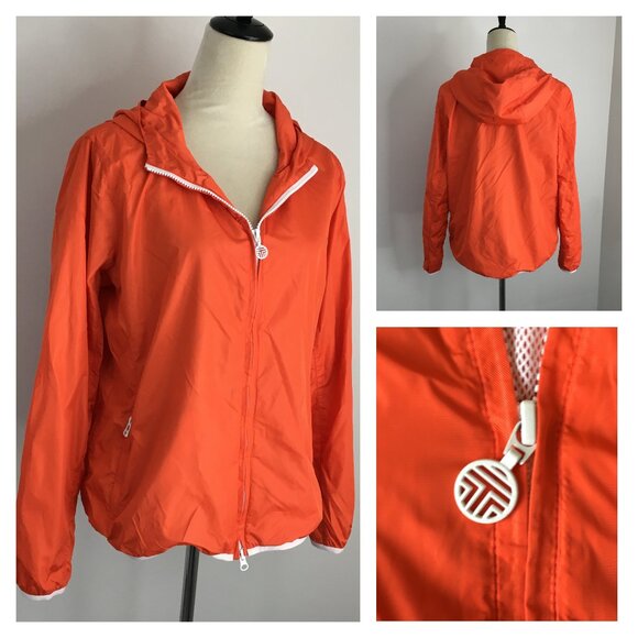 TORY BURCH Sport  Orange White Zip Pockets Mesh Lined Hoodie Lightweight Jacket - Picture 1 of 15